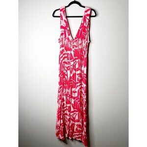 Mahina Hawaii Red Pink Printed V-Neck Sleeveless Maxi Dress Women's Size Medium